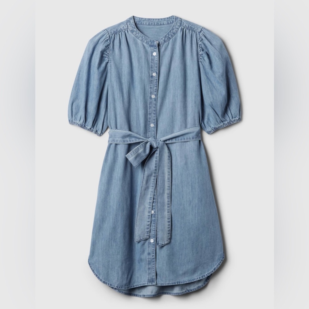 Gap‎ Puff-Sleeve 100% Cotton Denim Mini Button Up Dress Blue Jean Size Large NWT